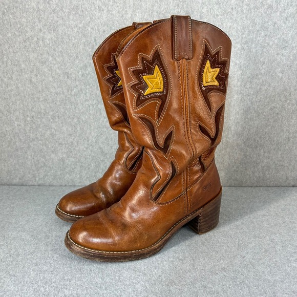 FRYE Sabrina Floral Inlay Campus Boots Brown Leather Western Womens Size 8B Vntg - Picture 3 of 16